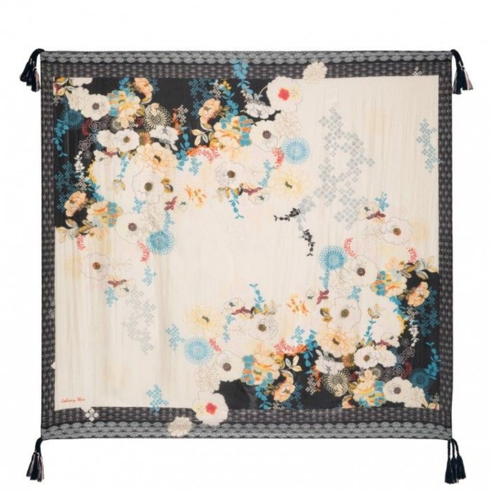 Johnny Was Floral Tassel Square Scarf in Black, Cream, Blue, Yellow
